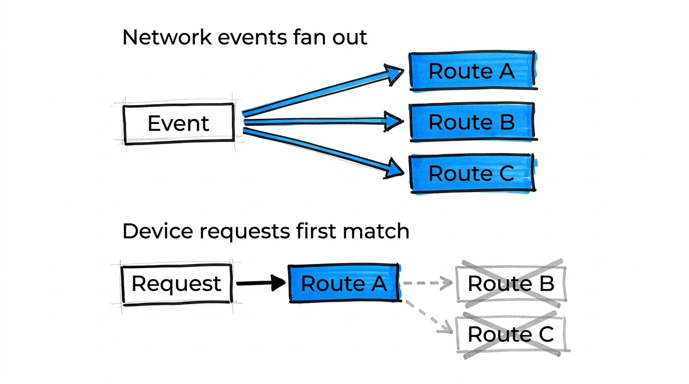 Routing behaviour — network events fan out to all routes, device requests use first match