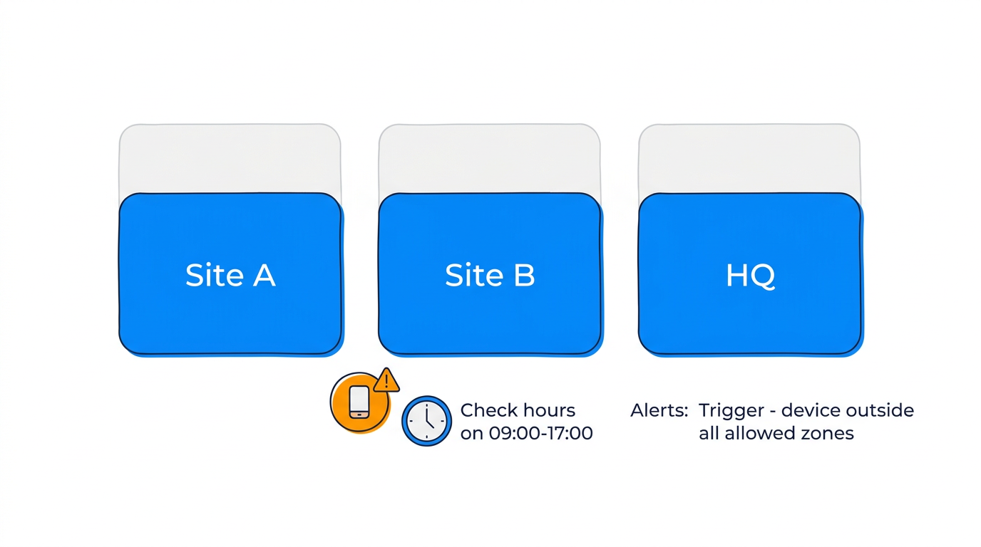 Geofence containment — device outside all allowed zones triggers alert