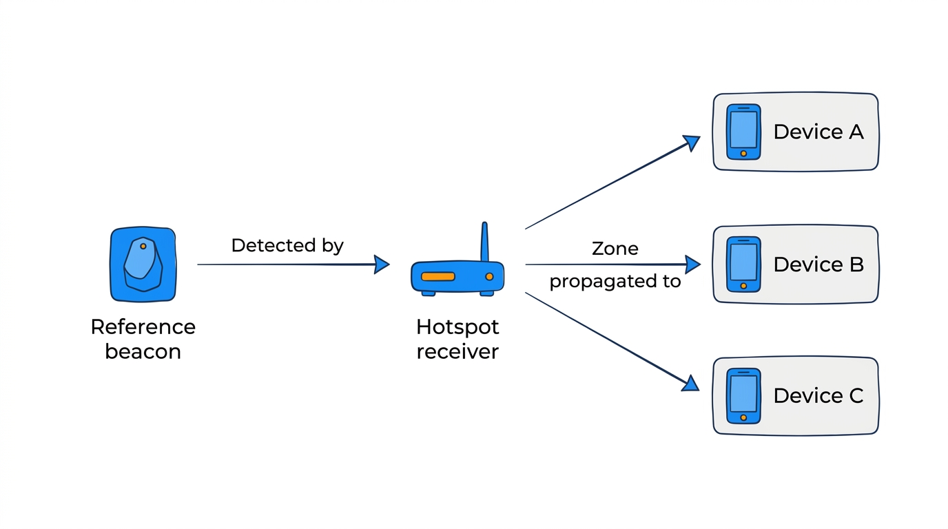 Reference beacon propagates its zone to nearby devices via the hotspot