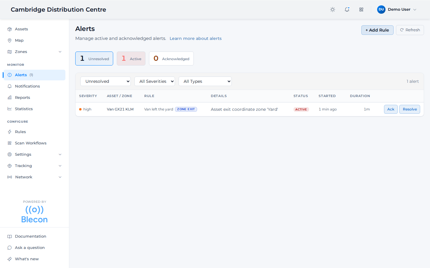 The alerts page, showing an active zone exit alert awaiting acknowledgement