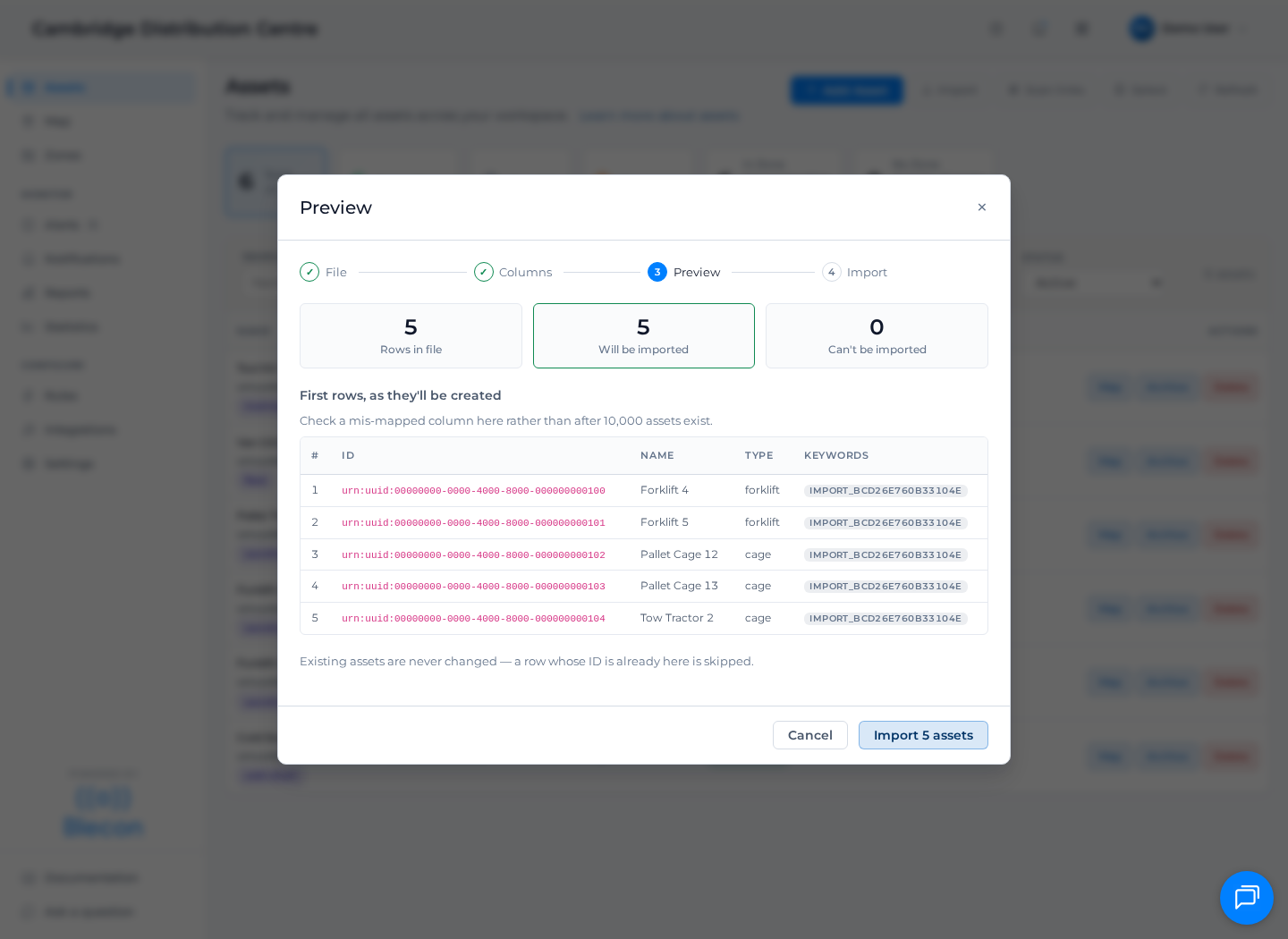 The bulk import preview, showing how many rows will be imported and the first rows as they will be created