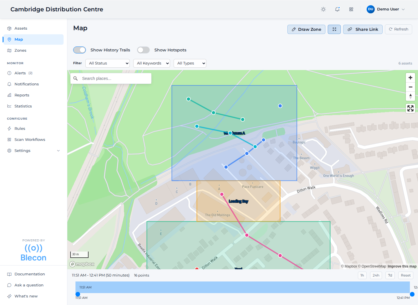 The live map, showing zone overlays and each asset's movement trail