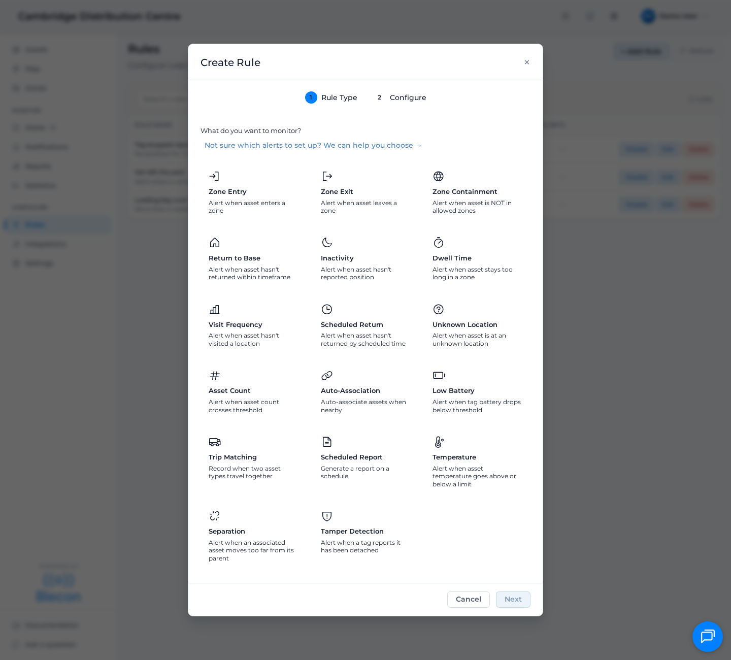 The Create Rule dialog, showing every rule type to choose from