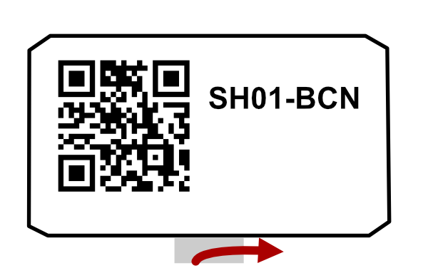Front of the SH01-BCN with the plastic activation tab on its bottom edge. A red arrow points sideways along the edge, the direction to pull the tab.