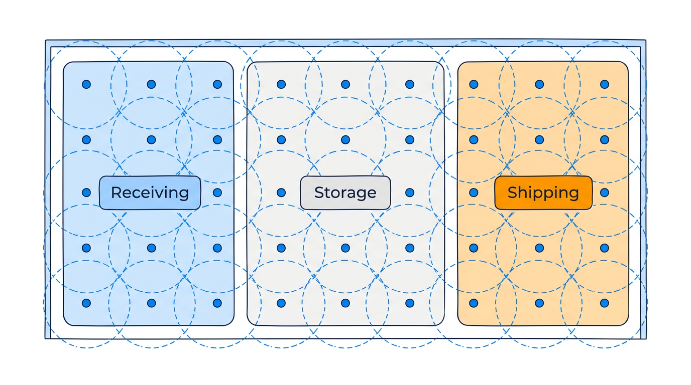 Warehouse floor plan with hotspots on a grid, coverage radii, and labelled zones