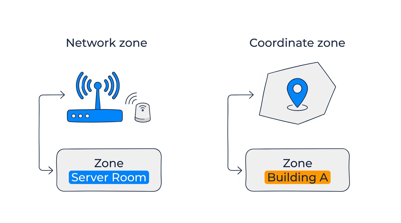 Zone types — network zones via Bluetooth proximity, coordinate zones via GPS boundaries